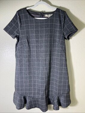 LOFT Gray Windowpane Short-Sleeve Ruffle-Hem Dress size 10
